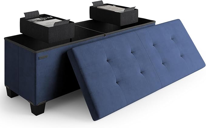 Storage Ottoman Bench with Bins, 43-in Storage Bench for Bedroom End of Bed, Folding Foot Rest Ottoman for Living Room Max 660lbs, Velvet Ottomans, Blue