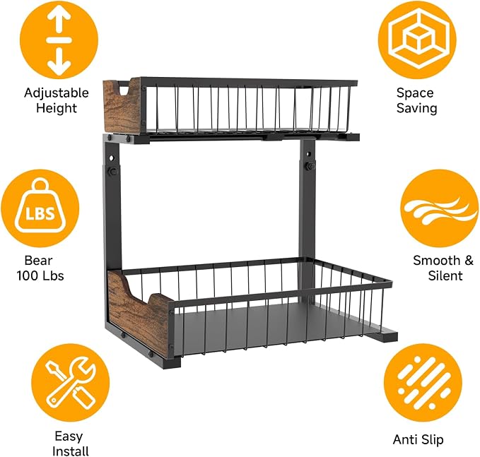 Pull Out Cabinet Organizer 2 Tier Metal Under Sink Organier | Shelf 5 Adjustable Height, Wood Handle, Anti Topple Over, Sturdy Slide out Storage Rack for Bathroom Kitchen Home Pantry