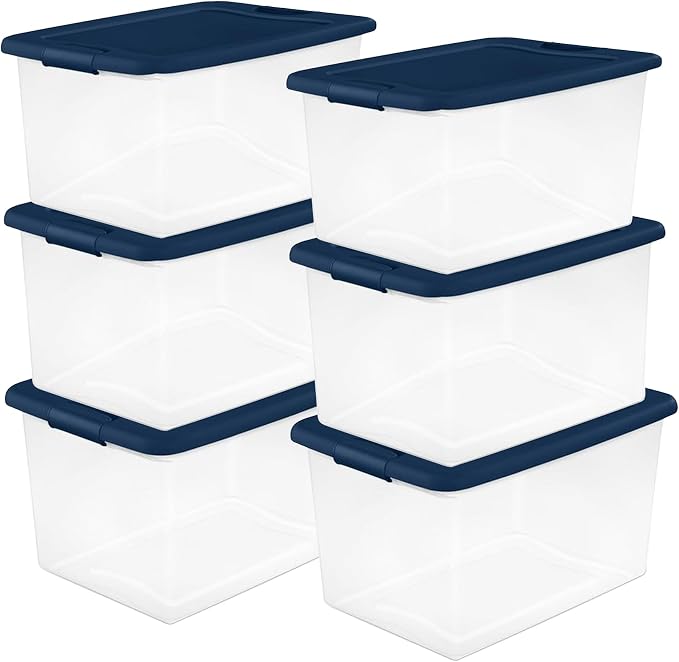 Sterilite Color Program, Large Clear Plastic Storage, 64 Quart, 12-Pack | Clear Bins with Blue Lids - Stackable Organizing Container Boxes for Closet, Bathroom, and Office
