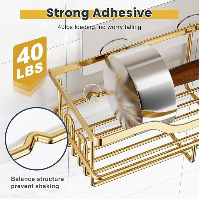 OMAIRA 3-Pack Shower Caddy with Soap Holder, Adhesive Rustproof No-drill Strudy Loading Inside Shower Organizer Shelves Rack Storage Bathroom Organization for Smooth Wall Glass Tile, (Gold)