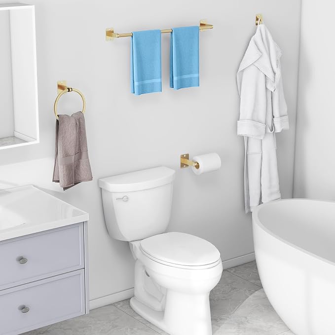 KLJKPA Bathroom Accessories Set, 4-Piece Gold Bathroom Hardware Set | 24 inch Towel Bar, Towel Racks for Bathroom, Robe Towel Hooks, Toilet Paper Holder Wall Mounted