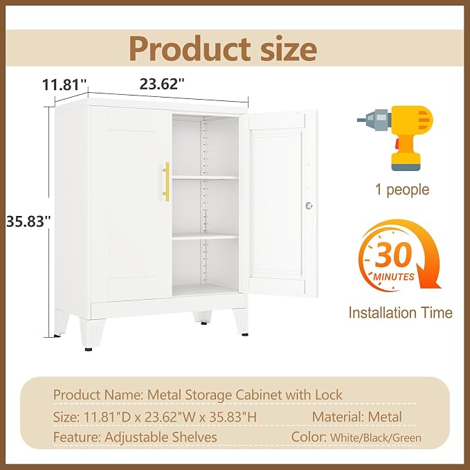 GAIOUS White Metal Pantry Cabinet with Lock(Two Units), Sideboard Buffet | Storage Cabient with Doors and 2 Adjustable Shelves, Multifunctional Kitchen Cupboard for Home Office, Buffet Table