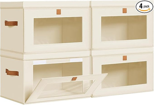 DIMJ Storage Bins with Lids - 4 Pack Fabric Closet Organizer with Window & Handles, Collapsible Decorative Storage Boxes for Shelves Under Bed, Books Clothes Blankets Sweaters Organization