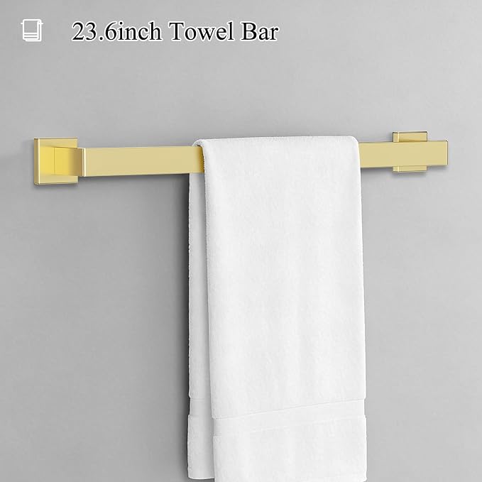 Brushed Gold Towel Bar Set 10-Piece Gold Bathroom Hardware Accessories Set,Stainless Steel Towel Rack Set for Bathroom Wall-Mounted,23.6-Inch