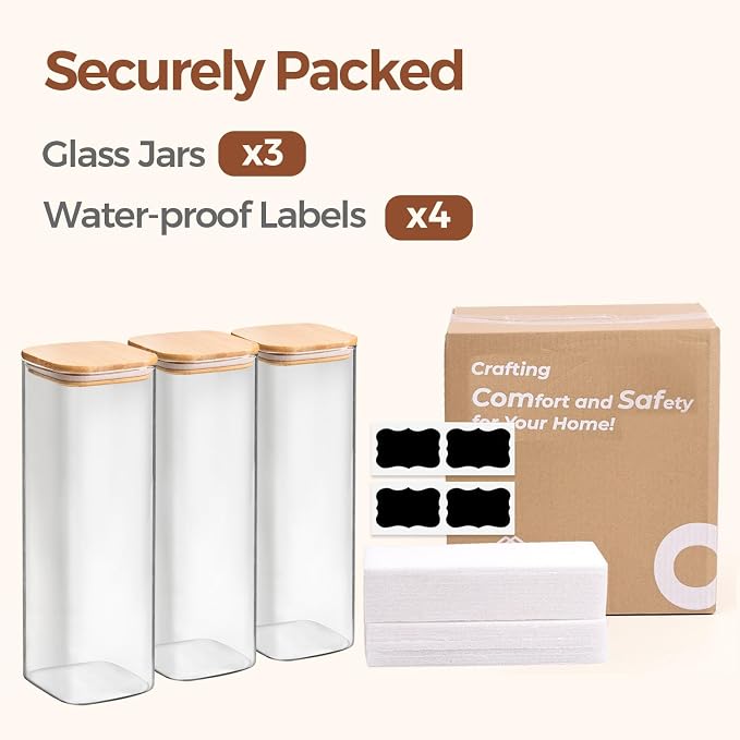 ComSaf Pasta Containers Storage 2.2 Qt, Spaghetti Jar, Set of 3 Tall Jars | Glass Storage Containers wtih Lids, 11.3-inch High Glass Kitchen Canisters Square, Cereal, Noodles, Oats, Dry Food, BPA Free