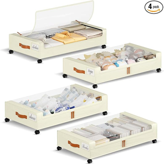 Yecaye Under Bed Storage with Wheels, 4 Pack Under the Bed Storage Containers with Lids & Label, XXL 60 L Rolling Underbed Storage Drawers for Clothes, Blankets, Shoes, Beige