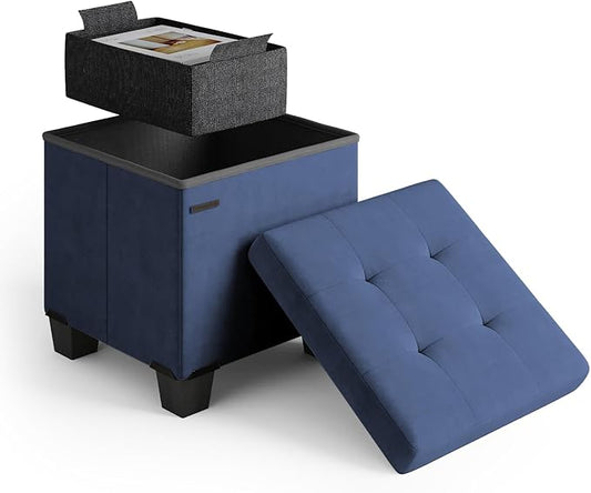Storage Ottoman Cube with Small Bin, 15-in Square Ottoman with Storage for Living Room and Bedroom, Small Ottomans Foot Rest, Velvet Foot Stools Ottomans Max 330lbs, Blue