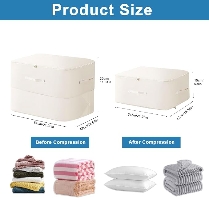 2PCS Compression Storage Bags, 2-Layer Zipper Large Bedding Storage Bag, Ultra Space Saving Self Compression Organizer for Comforters, Clothes, Pillows, Duvet and Bedding Sets (Beige, Large)