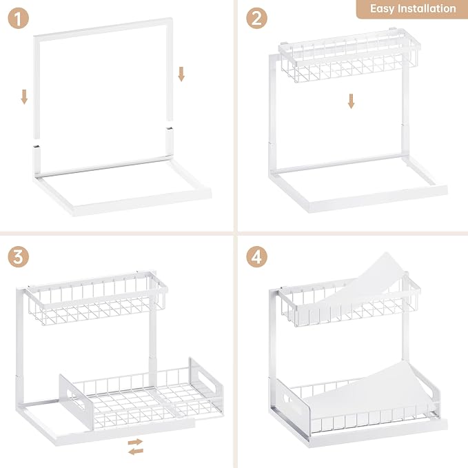 Under Sink Organizer and Storage 2 Pack, Slide Out Cabinet Organizer, Pull Out Sink Shelf for Kitchen Bathroom Laundry, White
