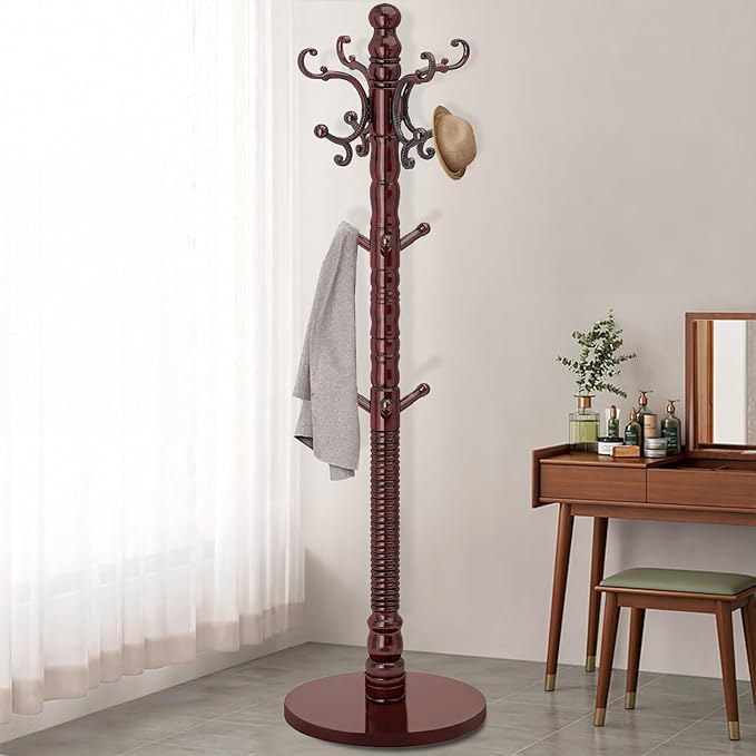 OIRUMIE Solid Wood Coat Rack, Vintage Coat Rack Frestanding for Entryway | Wooden Coat Rack Stand with 14 Hooks,Classic Coat Hanger Stand with Round Base,Coat Clothes Tree Stand for Hallway,Office