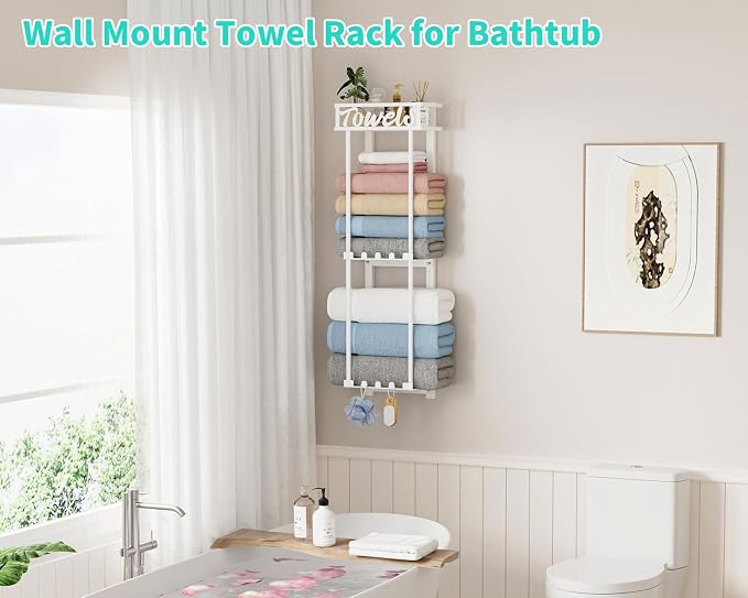 HapiRm Towel Rack Bathroom Storage - 3 Tier Over The Door & Wall Mounted Rolled Towel Racks Holder Organizer with Metal Shelf and 6 Hooks for Small Bathroom, Camper, Rv - White