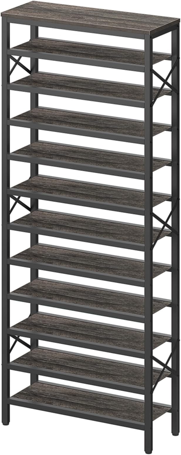 12-Tier Tall Shoe Rack Organizer, Wooden Shoe Storage for Closet Holds 48 Pairs, Sturdy Shoe Shelf with X-Shaped Metal Support, for Entryway, Bedroom, Charcoal and Black SS212BC