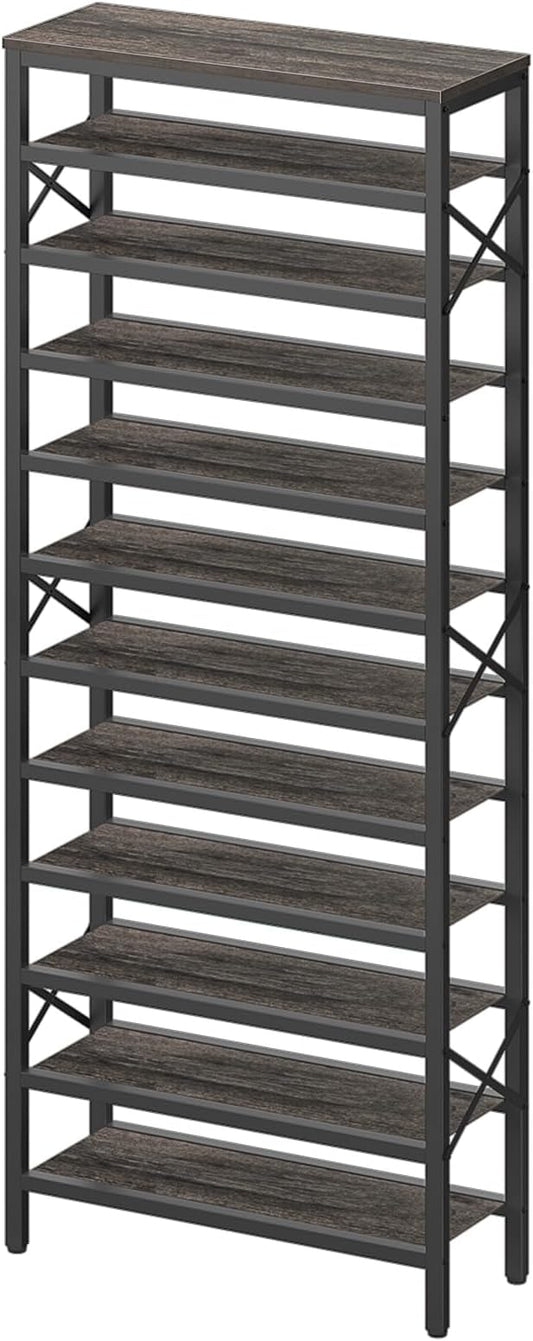 12-Tier Tall Shoe Rack Organizer, Wooden Shoe Storage for Closet Holds 48 Pairs, Sturdy Shoe Shelf with X-Shaped Metal Support, for Entryway, Bedroom, Charcoal and Black SS212BC