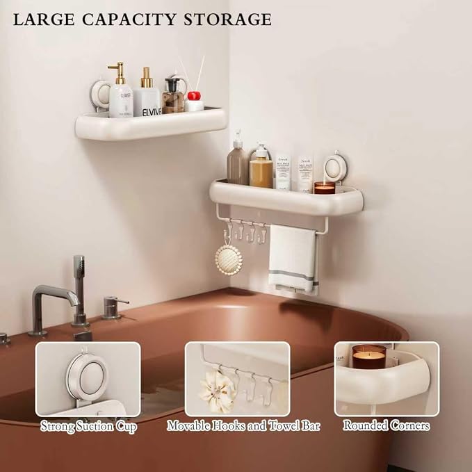 CICUFY Shower Caddy Suction Cup, 2 Pack No Drilling Corner Shower Shelves, Rust Proof Bathroom Storage Organizer, Shower Corner Caddy with Removable Hooks and Towel Bar, Square, Cream