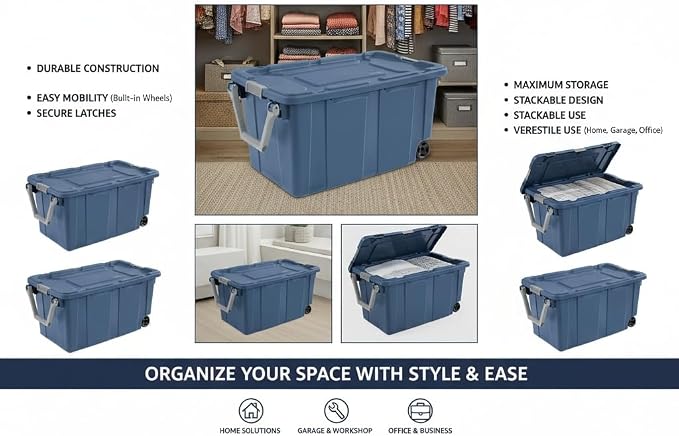 40 Gallon Heavy-Duty Rolling Storage Bins 2-Pack, Blue Industrial Plastic with Pivot Handle, Leakproof Lid & Latches, for Garage Workshop Equipment Transport & Storage