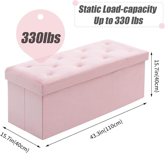 BRIAN & DANY 43 Inches Folding Storage Ottoman Bench, Velvet Ottoman with Storage for Living Room, Bedroom, Entryway, Ottoman Foot Rest, End of Bed Bench (Pink)