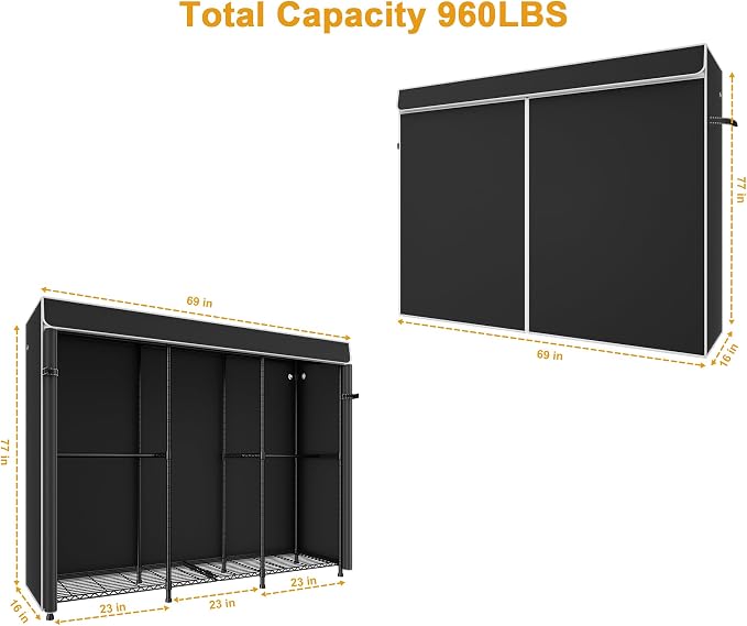 E14C Pro Heavy Duty Closet Organizer System，Freestanding Clothing Racks for Hanging Clothes，Adjustable Garment Rack 69" W × 16" D × 77" H Hold 960 lbs，Black Rack with Black Dustproof Cover