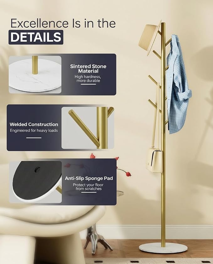 Coat Rack with 8 Hooks, 3 Adjustable Heights, Modern Hall Tree, Sturdy Metal Clothes Stand with Sintered Stone Base for Entryway, Office, Bedroom, for Coats, Hats, Handbags and Scarves, Gold