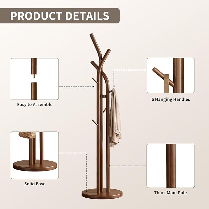 Solid Wood Coat Rack Freestanding Wood Coat Tree Rack with 9 Hooks, Creative Tree-Shaped Design, Standing Coat Rack Clothes Hanger Stand with Sturdy Base for Entryway, Bedroom - Load 300lb (Walnut)