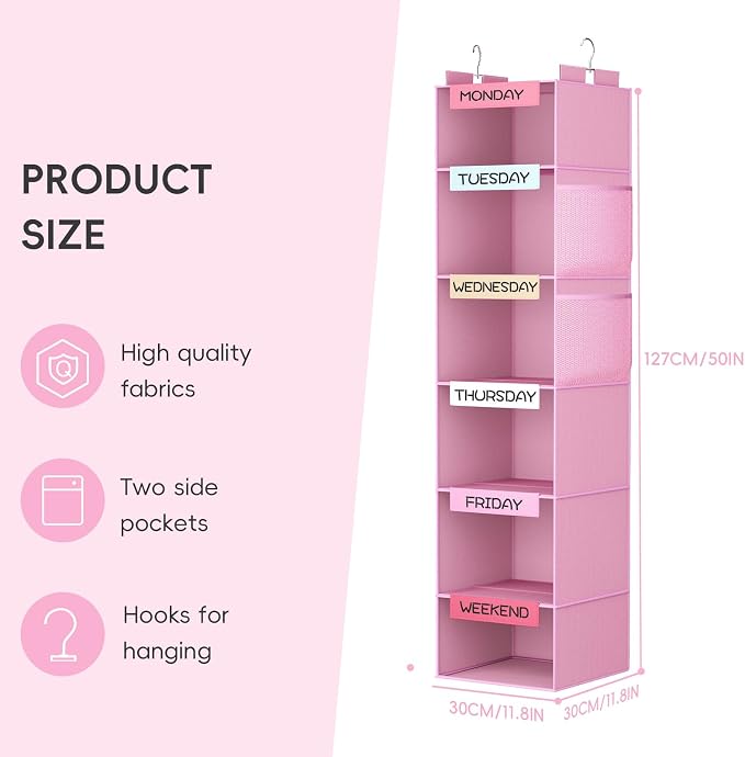 Weekly Hanging Closet Organizer for Kids, 6-Shelf Clothes Storage with Labeled Days of The Week Monday Through Friday, Weekday and Weekend, Days of the Week Clothes Organizer