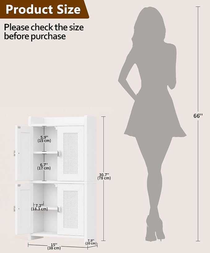 Akxomel 15" Rattan Small Bathroom Cabinet 4 Doors Adjustable Shelf White | Bathroom Organizer and Storage, Toilet Paper Floor Cabinet for Small Space