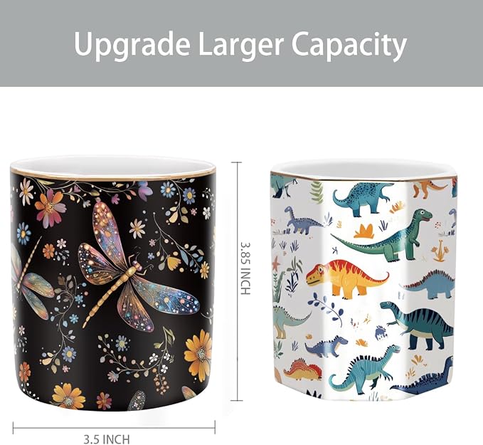 Pen Holder, Pencil Cup for Desk, Cute Makeup Brush Holder, Durable Ceramic Organizer Decor for Room, Office, Classroom, Cute Dragonfly Pattern