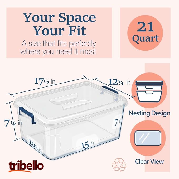 Plastic Storage Bins with Lids, Clear Stackable Storage Containers - 21 Qt