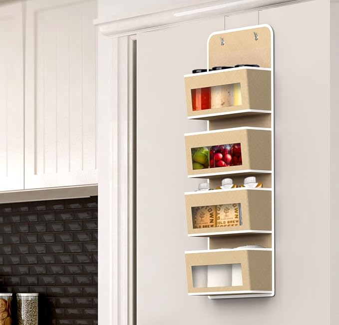 Simple Houseware 4 Clear Window Pocket Over Door Hanging Organizer, Beige | Over the Door Storage for Closet, Bedroom, Bathroom, Pantry