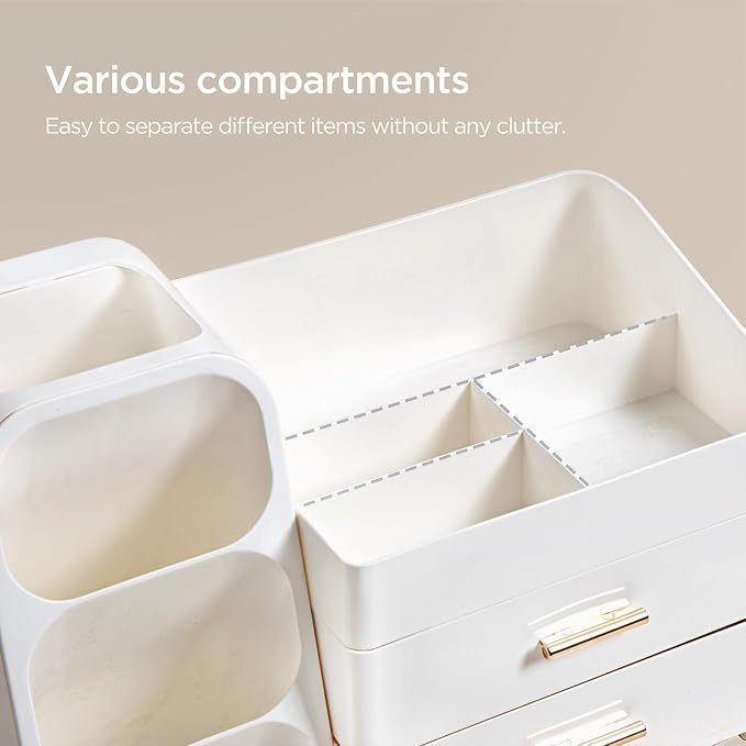 HBlife Desk Organizer with Pen Pencil Holder for Desk, Pen Organizer with 2 Drawers, Desk Organizers and Accessories with 4 Compartments, Desktop Storage for Office Home School Art Supplies, All White