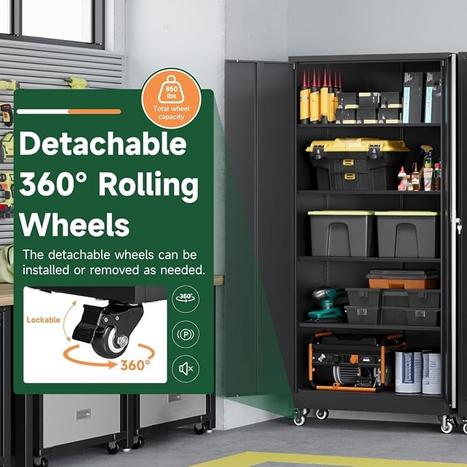 Letaya Metal Garage Storage Cabinets with Wheels,Steel Tool Cabinets Lock Door and Adjustable Shelves for Home,Office,Warehouse Organisieren (Black, 75" H)