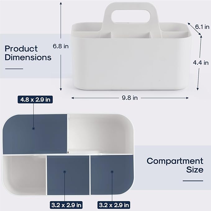 Multiuse Caddy Organizer with Handle, Portable Divided Plastic Tote Bin - Art Craft, Stationary Pen Marker Crayons, Makeup Hair Supplies Storage - Bathroom, Classroom, Dorm, Office, Desk Holder -White
