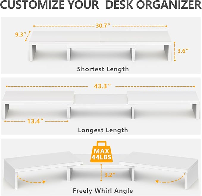TAVR Dual Monitor Stand Riser, Wooden Computer Monitor Stand for 2 Monitors | Extra Long Multifunctional Desktop Organizer Riser for TV, PC Monitor, Laptop, Printer, Max 43.3" Length, White