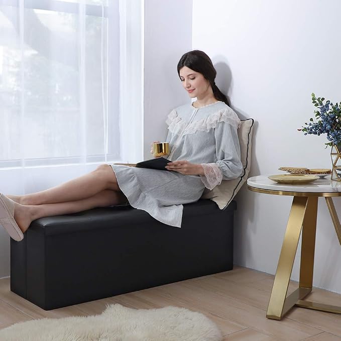 Camabel 43 Inch Folding Storage Ottoman Bench 125L Hold up 700lbs Ottoman with Storage Chest Foam Seat Padded Foot Rest Stool Faux Leather Bedroom Bench with Storage Coffee Table Black