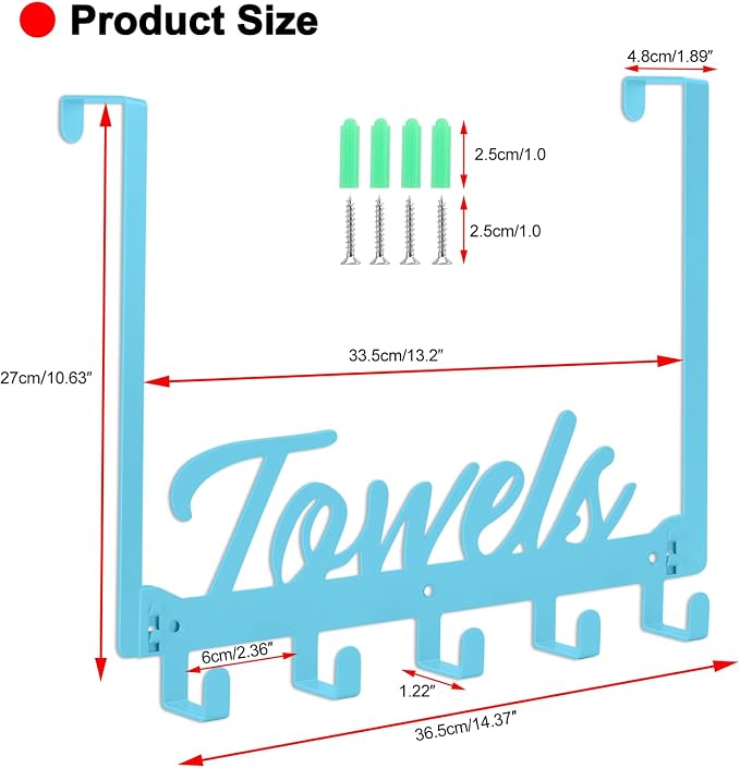 Azmoncy Over The Door Hooks, Towel Rack for Bathroom Over Door Towel Hanger, Heavy Duty with 5 Coat Hooks for Pool, Bedroom, Bathroom, Kitchen Towels, Bags (Blue)