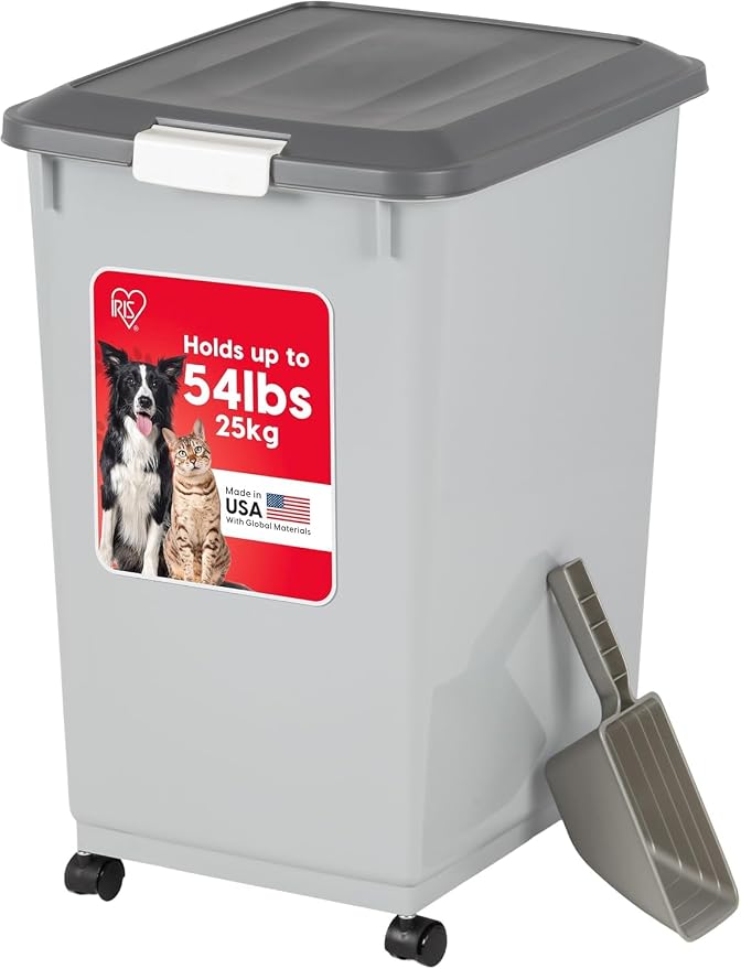 IRIS USA Dog Food Storage Container, Up to 54 lbs, Gray/Dark Gray | Made in USA, Comes with Wheels & 2-Cup Scoop, Airtight Seal, BPA-Free, Bird Seed, Cat food, Cat Litter, Treats, Pellets