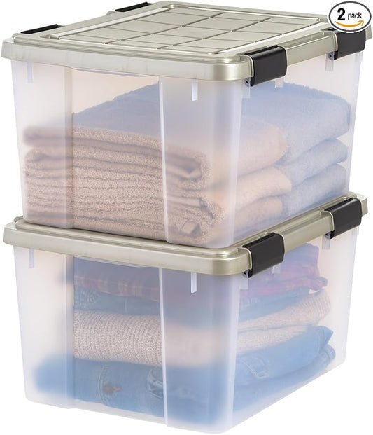 IRIS USA 2-Pack 44 Qt Storage Bins with Gasket Lids, Clear/Chrome | WeatherPro seal helps protect bulky items for moving, garage, attic and basement storage