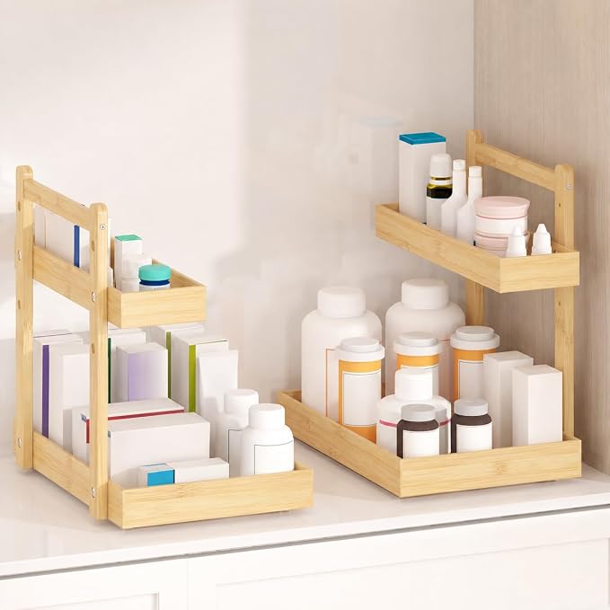 Bamboo Under Sink Organizer, 2-Tier Pull Out Cabinet Organizer | Kitchen Sink Organizer | Bathroom Cabinet Organizer | Cleaning Supply Storage | L-Shape | 3-Level Adjustable | Natural Bamboo