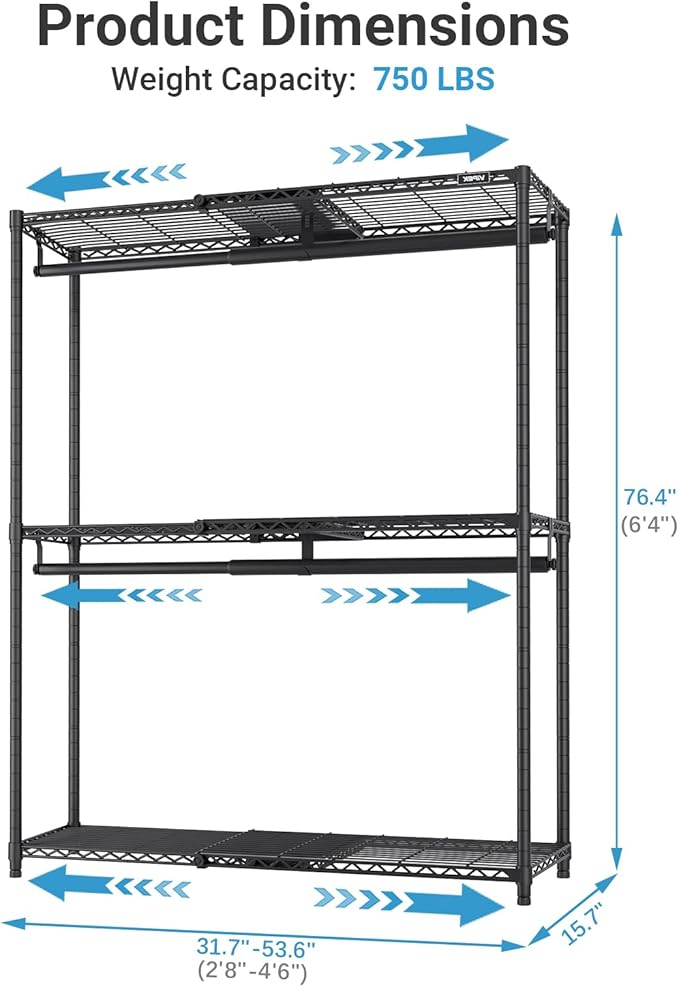 VIPEK X1 Plus Expandable Heavy Duty Clothes Rack, Clothes Organizer Black | Reach-in Closet System with Adjustable Shelves & Hanger rods from 2'8" to 4'6", Metal Clothing Racks Portable Walk-in Closet