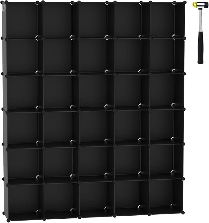 C&AHOME 30-Cube Shelf, Plastic Cube Storage Organizer, DIY Bookshelf Black | Stackable Modular Closet Cabinet Ideal for Bedroom, Living Room, Office, 60.6" L x 12.4" W x 72.6" H