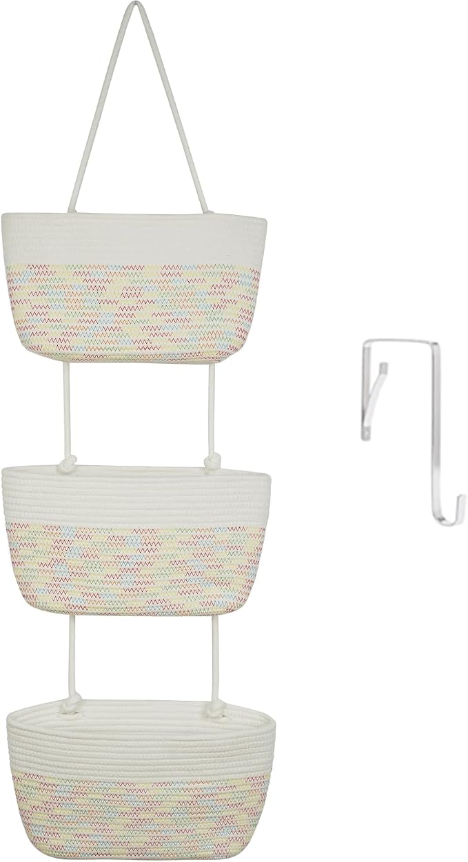 TeoKJ Over the Door Hanging Basket, 3-Tier Woven Cotton Wall-Mounted Storage Organizer Bag Decorative Hanging Nursery Baskets, White & Rainbow Stitching