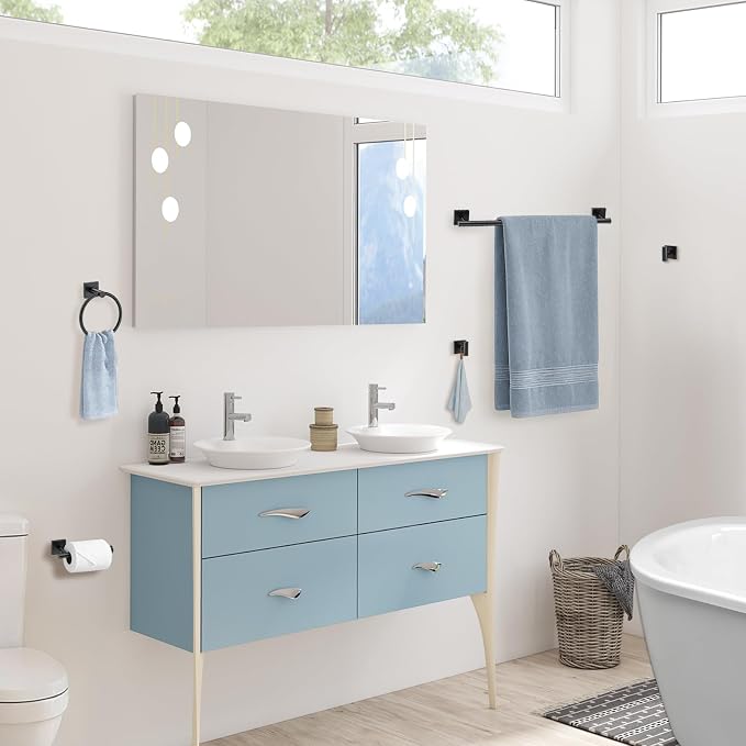 5 Pieces Bathroom Hardware Accessories Set Matte Black Towel Bar Set Stainless Steel Wall-Mounted Towel Holder 23.6 Inch Towel Racks for Bathroom