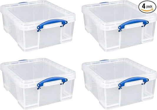 Really Useful Box 17L Plastic Storage Bins, 4 Pack | Containers with Snap Lids and Clip Lock, Clear
