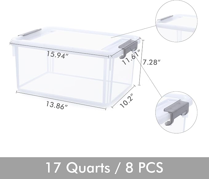 Citylife 17 QT Plastic Storage Bins with Latching Lids Stackable Storage Containers for Organizing Large Clear Storage Box for Garage, Closet, Kitchen, 8 Packs