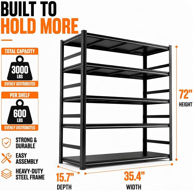 PRESTELION Garage Shelving 3000 LBS Adjustable Metal Storage Shelves | Garage Shelving Unit 72"H×35.4"W×15.7"D, Boltless 5-Tier Rack for Garage Kitchen Pantry Basement Warehouse Bedroom, Black