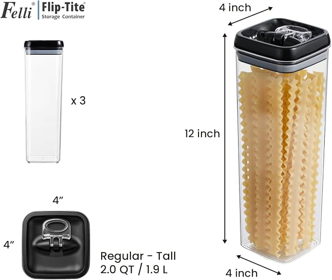 Felli Flip Tite TALL Storage Container with Lid 4" Air Tight Easy Open Ring Top, Clear Acrylic Skinny Canister Jar for Spaghetti Lasagna Fettuccine Noodle, Kitchen Cupboard Pantry Organizer (2.0 qt)