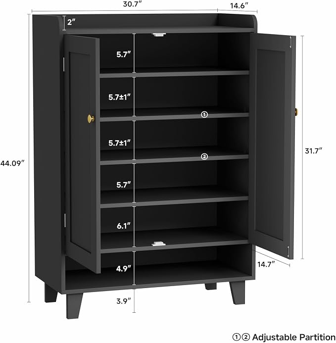 Flat-Shelf Shoe Cabinet with Doors，6-Tier Shoes Storage Cabinet with Adjustable Shelves，Wooden Shoe Rack Shoes Storage Organizer Cabinets for Entryway, Hallway, Living Room（Black）