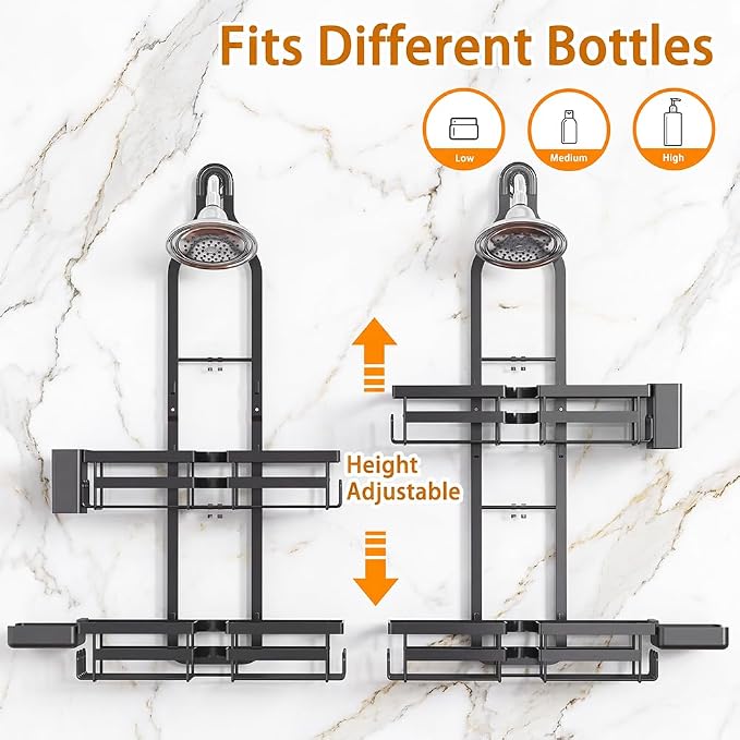 Shower Caddy Hanging for Handheld Showerheads, Adjustable Shower Organizer | Rustproof Bathroom Shelf Fits Handheld & Fixed Shower Heads, 12 Hooks, Soap & Toothbrush Holder, No-Drill Installation, Black