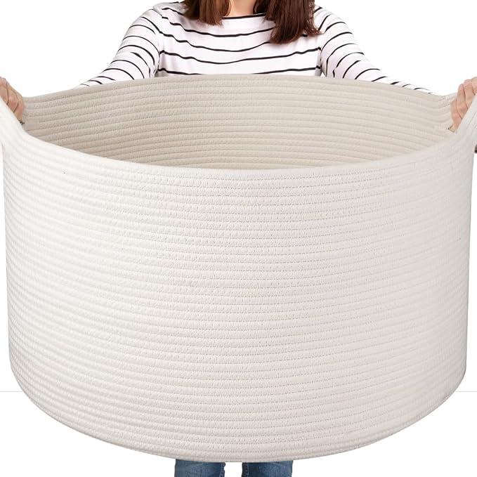 OIASKET Large Woven Baskets for Storage, 22.8" x 22.8" x 13" Blanket Storage Living Room, Baby Toy Basket for Clothes, Pillows, Towels, Shoe Basket for Entryway (White)