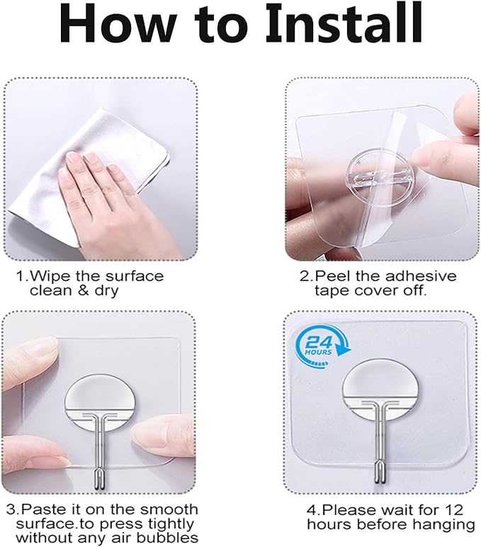 JINSHUNFA Adhesive Wall Hooks 13LB Heavy Duty No Drill Transparent Waterproof Hooks for Bathroom Kitchen Towel Coat 12 Pack