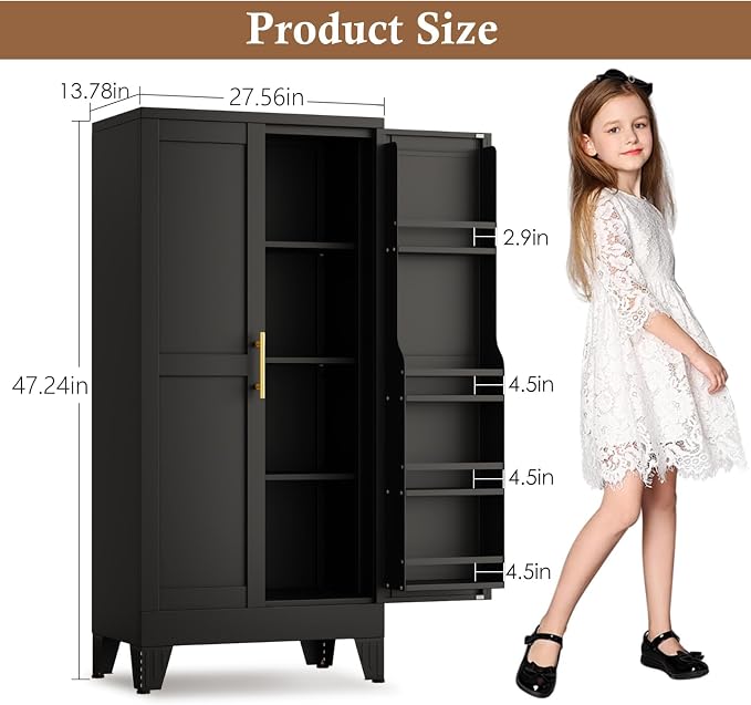 GAIOUS Metal Kitchen Pantry Cabinet, Storage Cabinets with 2 Door and 3 Adjustable Shelves, Black Freestanding Food Storage Cabinet, Steel Cupboard for Kitchen Dinning Room